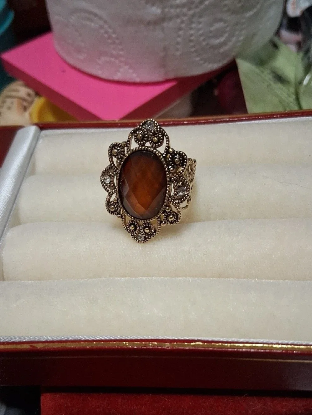 Vintage Gold-Tone Women's Ring with Amber Center Stone